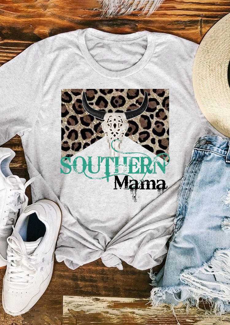 

T-shirts Tees Leopard Steer Skull Southern Mama T-Shirt Tee in Light Grey. Size: ,M,L,XL