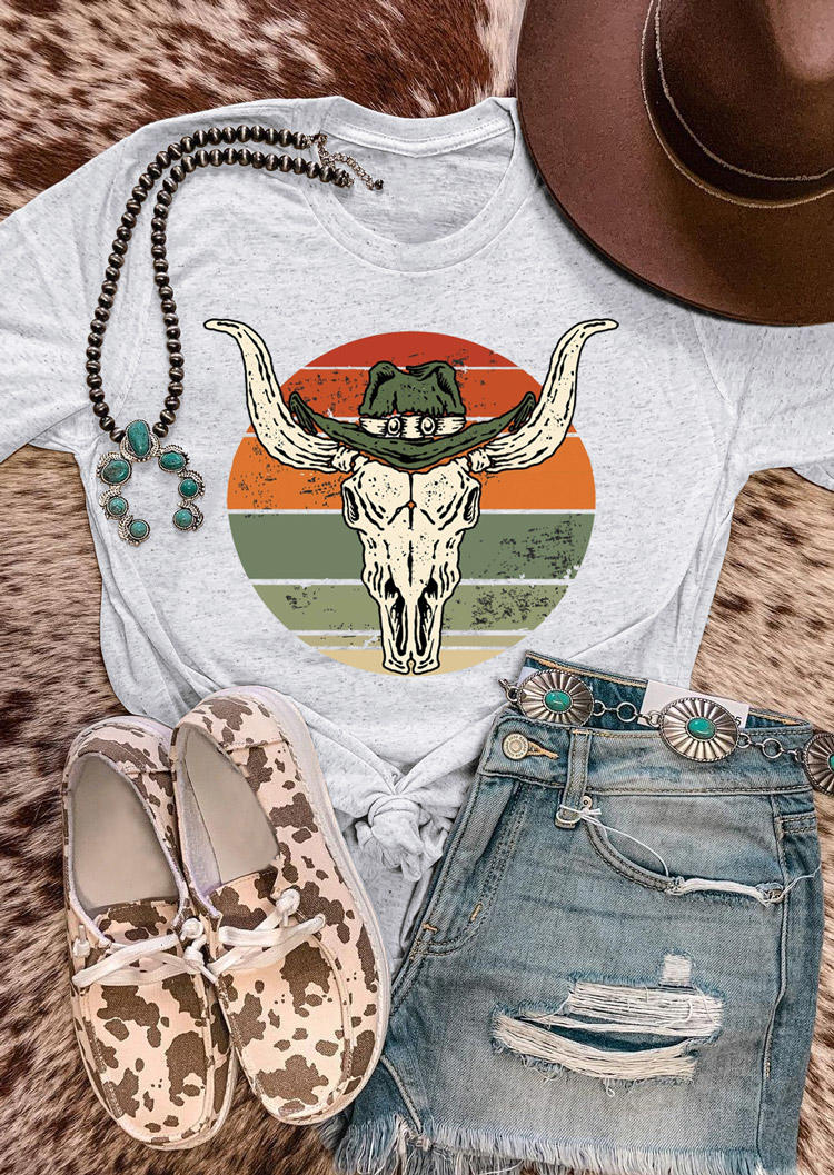 T-shirts Tees Colorful Striped Steer Skull T-Shirt Tee in Light Grey. Size: L