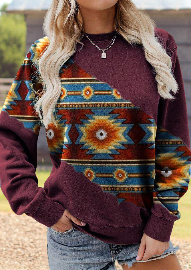 

Sweatshirts Aztec Geometric Long Sleeve Sweatshirt in Burgundy. Size