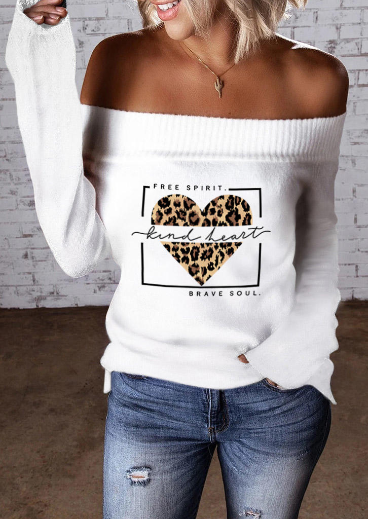 Sweaters Free Spirit Kind Heart Brave Soul Leopard Off Shoulder Sweater in White. Size: M,L