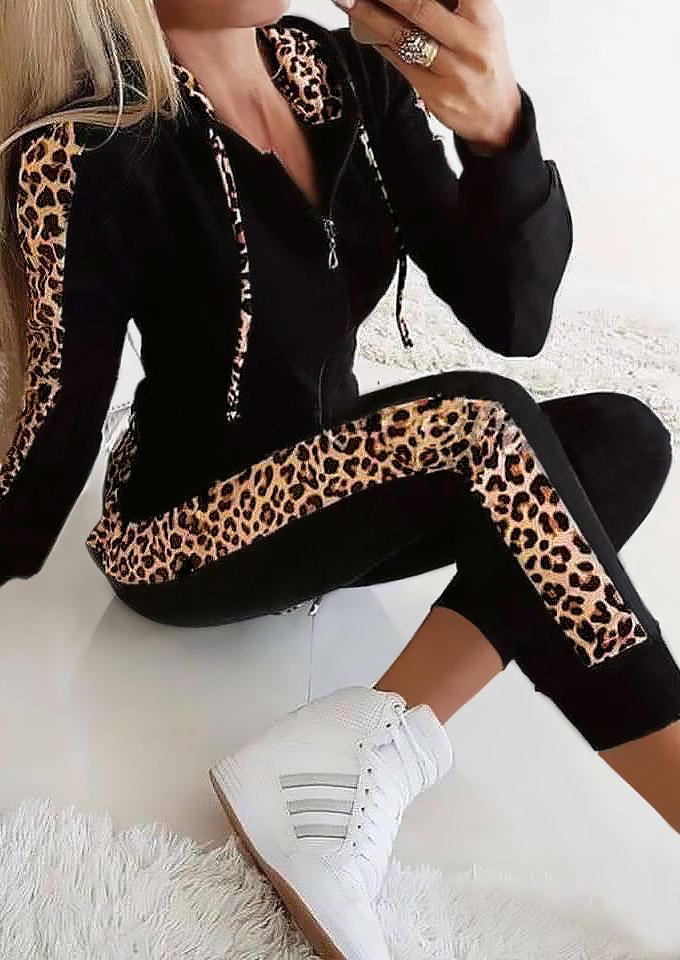 Two-Piece Sets Leopard Long Sleeve Hoodie And Pants Two-Piece Set in Black. Size: S