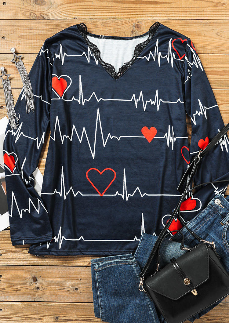 Blouses ECG Heartbeat Lace Long Sleeve Blouse in Navy Blue. Size: S,M,L