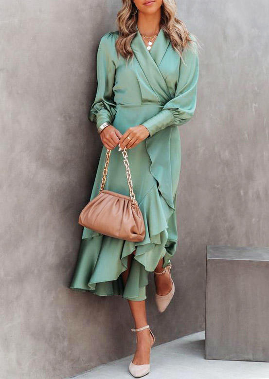 Midi Dresses Ruffled Slit Wrap V-Neck Midi Dress in Green. Size: M