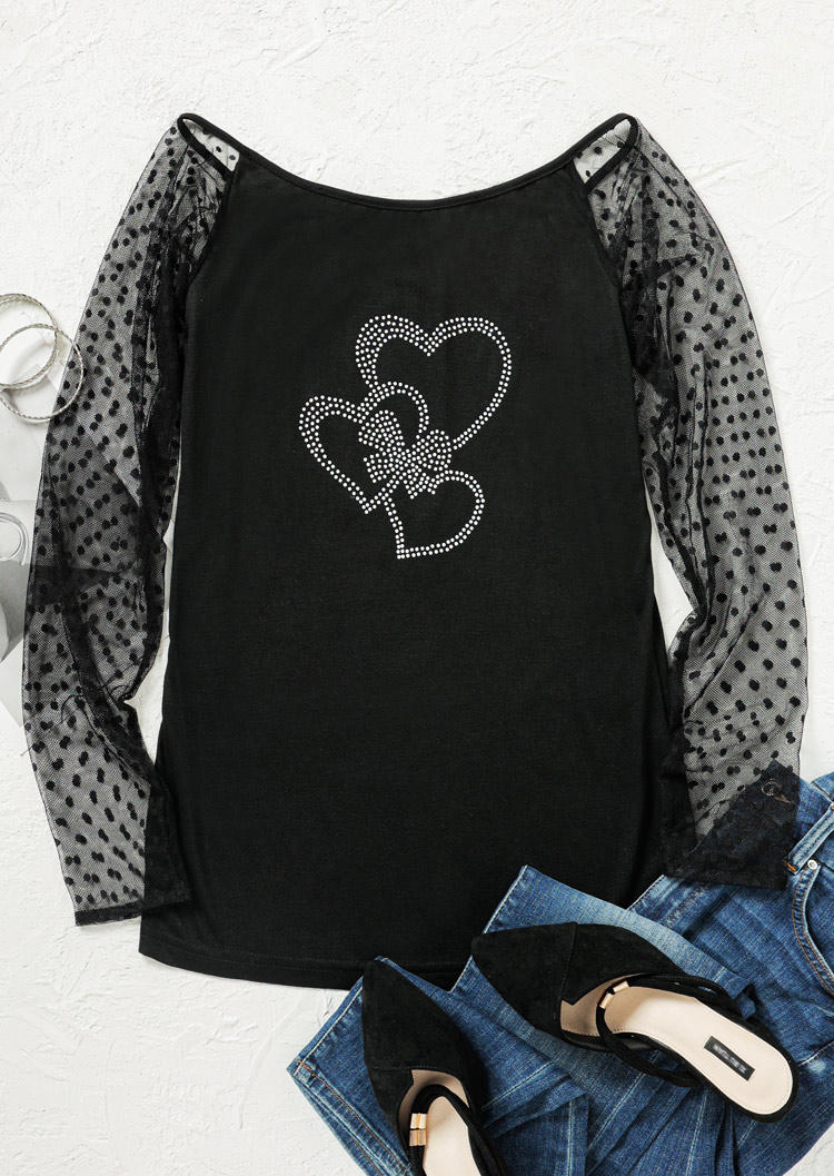

Blouses Valentine Rhinestone Heart Mesh Blouse in Black. Size: ,M,L,XL