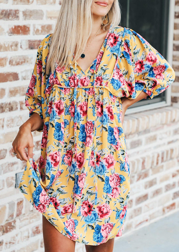 Floral V-Neck Casual Mini Dress