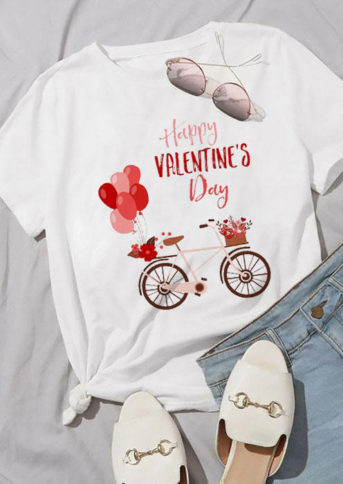 

T-shirts Tees Happy Valentine' Day Bicycle Balloons T-Shirt Tee in White. Size