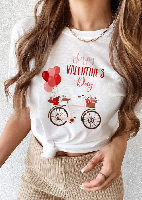 Happy Valentine's Day Bicycle Balloons T-Shirt Tee - White