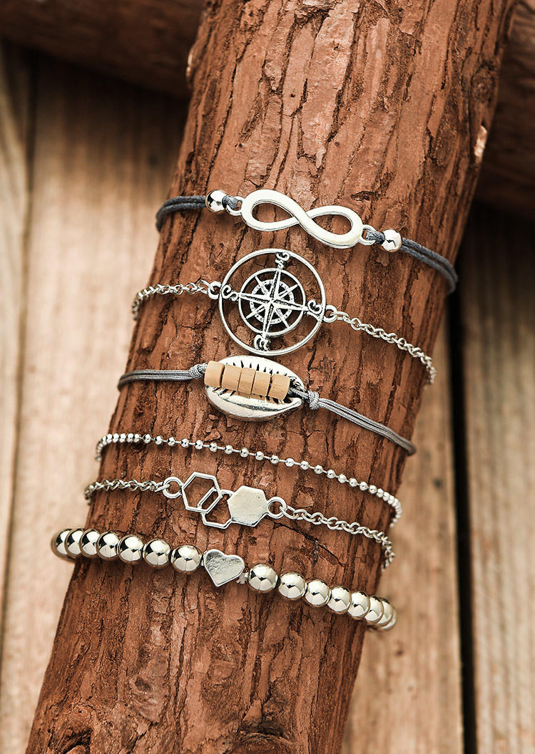 

Bracelet 6Pcs Compass Infinite Heart Beading Bracelet Set in Silver. Size