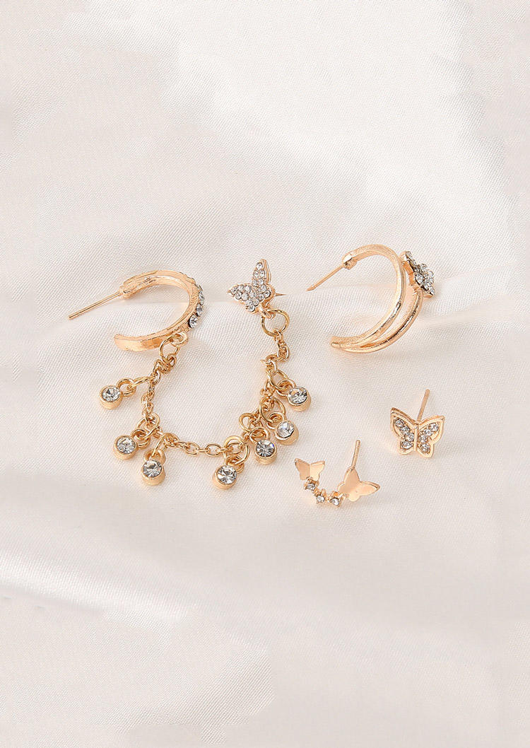 

Earrings 4Pcs Butterfly Rhinestone Alloy Earrings in Gold. Size