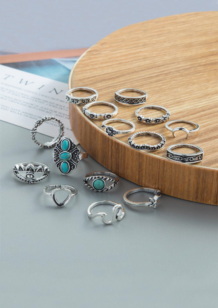 

Rings 15Pcs Turquoise Hollow Out Floral Ring Set in Silver. Size