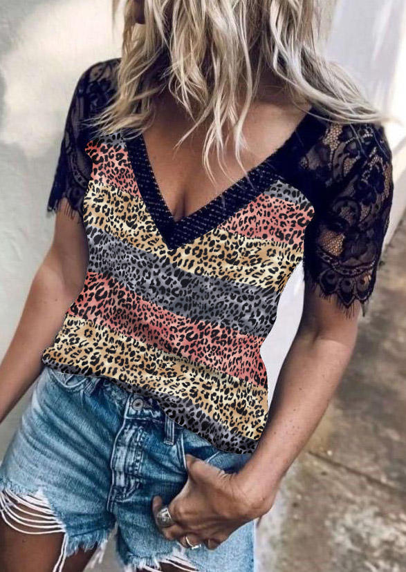 Blouses Lace Splicing Leopard Striped Blouse in Multicolor. Size: S