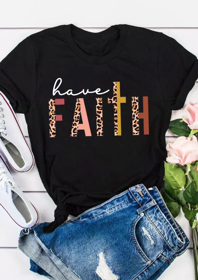 T-shirts Tees Have Faith Leopard Cross T-Shirt Tee in Black. Size: S,M,L,XL