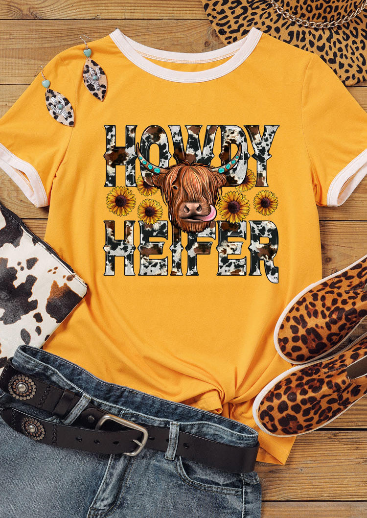 T-shirts Tees Howdy Heifer Cow Cattle Sunflower T-Shirt Tee in Yellow. Size: S,M,L,XL