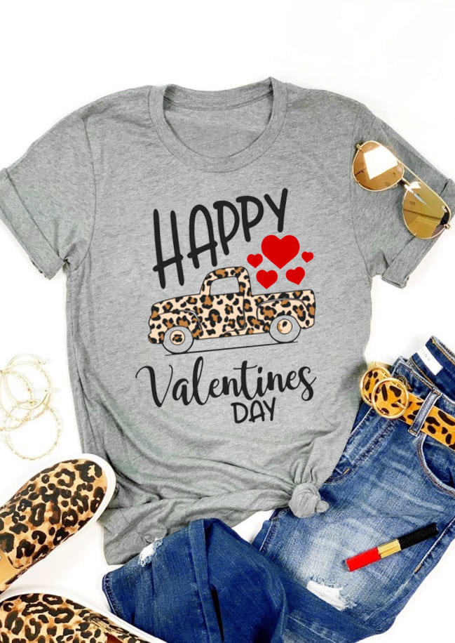 

T-shirts Tees Happy Valentines Days Leopard Heart T-Shirt Tee in Light Grey. Size: ,M,L