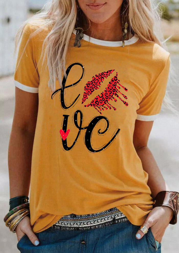 T-shirts Tees Love Heart Lips T-Shirt Tee in Yellow. Size: XL