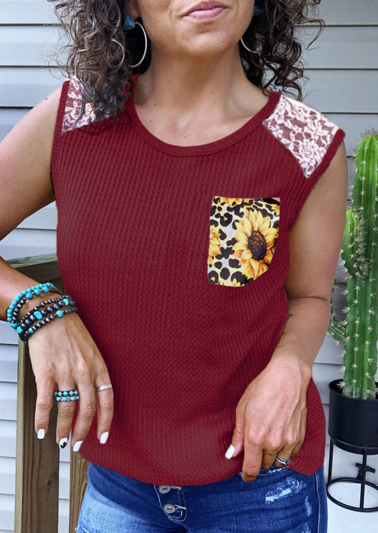 Lace Splicing Sunflower Casual Tank - Burgundy