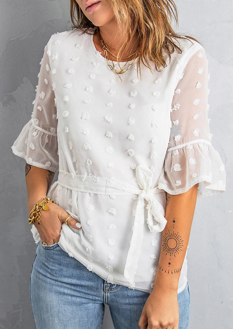 Blouses Dotted Swiss Flare Sleeve Blouse in White. Size: L,M,S