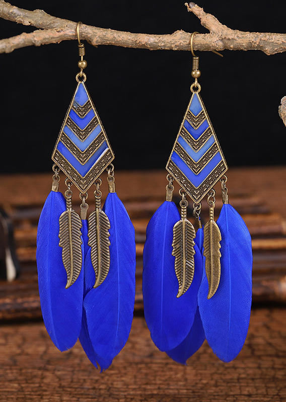 Earrings Feather Leaf Tassel Geometric Drop Earrings in Royal Blue. Size: One Size