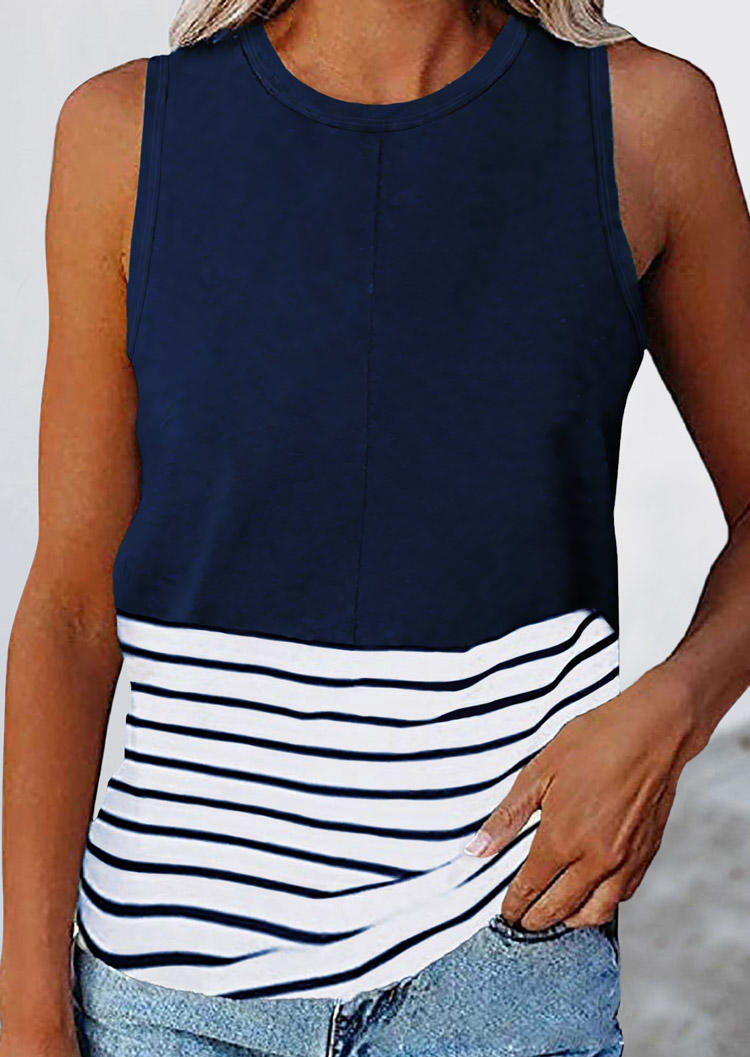 

Tank Tops Striped Splicing Sleeveless Tank Top in Deep Blue. Size