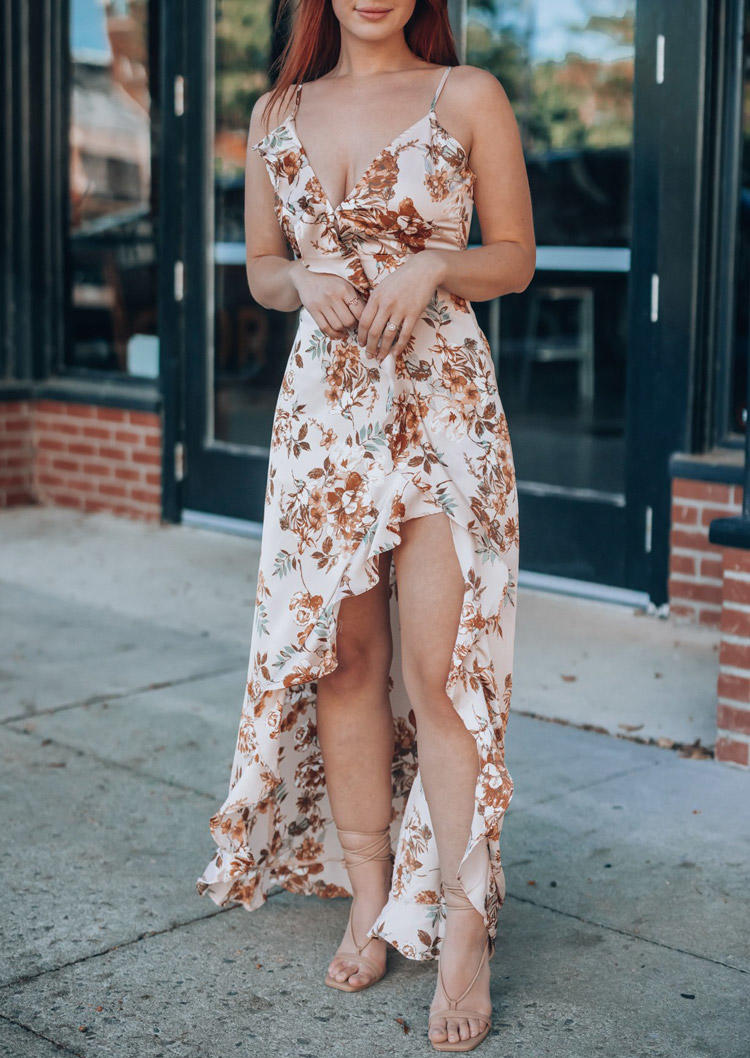 

Maxi Dresses Floral Ruffled High Low Hem Open Back Maxi Dress in Apricot. Size: ,M,L,XL