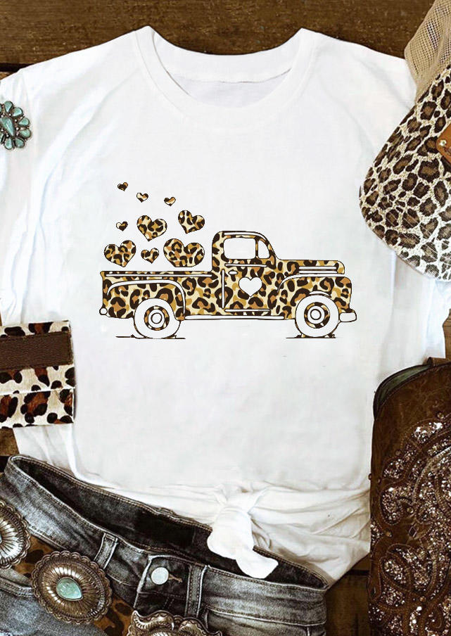 Valentine Leopard Heart Truck T-Shirt Tee - White