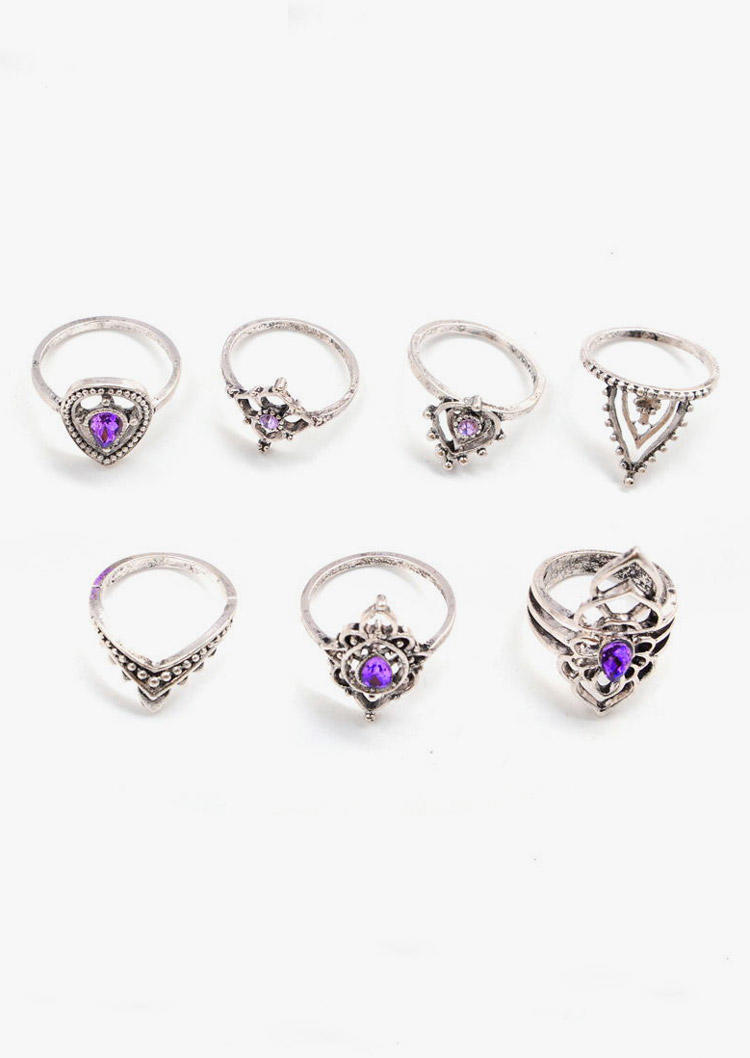 Rings 7Pcs Hollow Out Floral Rhinestone Ring Set in Silver. Size: One Size