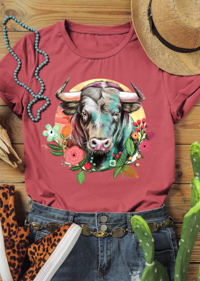 T-shirts Tees Steer Skull Floral O-Neck T-Shirt Tee in Brick Red. Size: S,M,L,XL