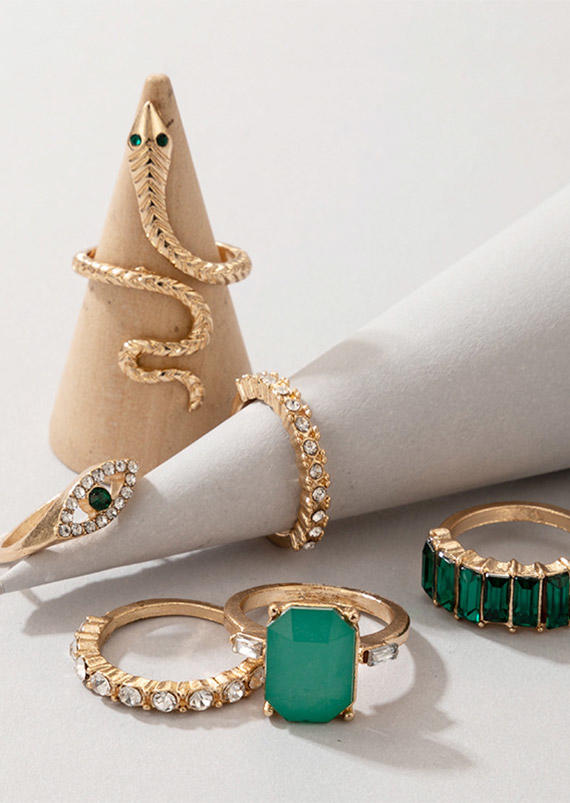 

Rings 6Pcs Snake Rhinestone Alloy Ring Set in Gold. Size