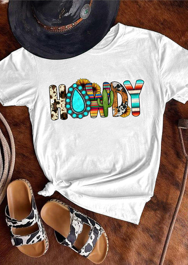 T-shirts Tees Howdy Cow Turquoise Cactus Striped Sunflower T-Shirt Tee in White. Size: XL