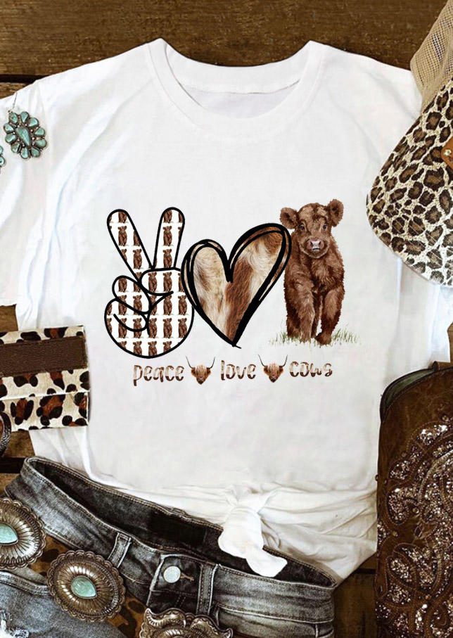 T-shirts Tees Peace Love Cows Heart T-Shirt Tee in White. Size: S