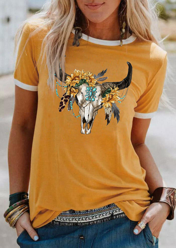 T-shirts Tees Sunflower Steer Skull Turquoise T-Shirt Tee in Yellow. Size: L