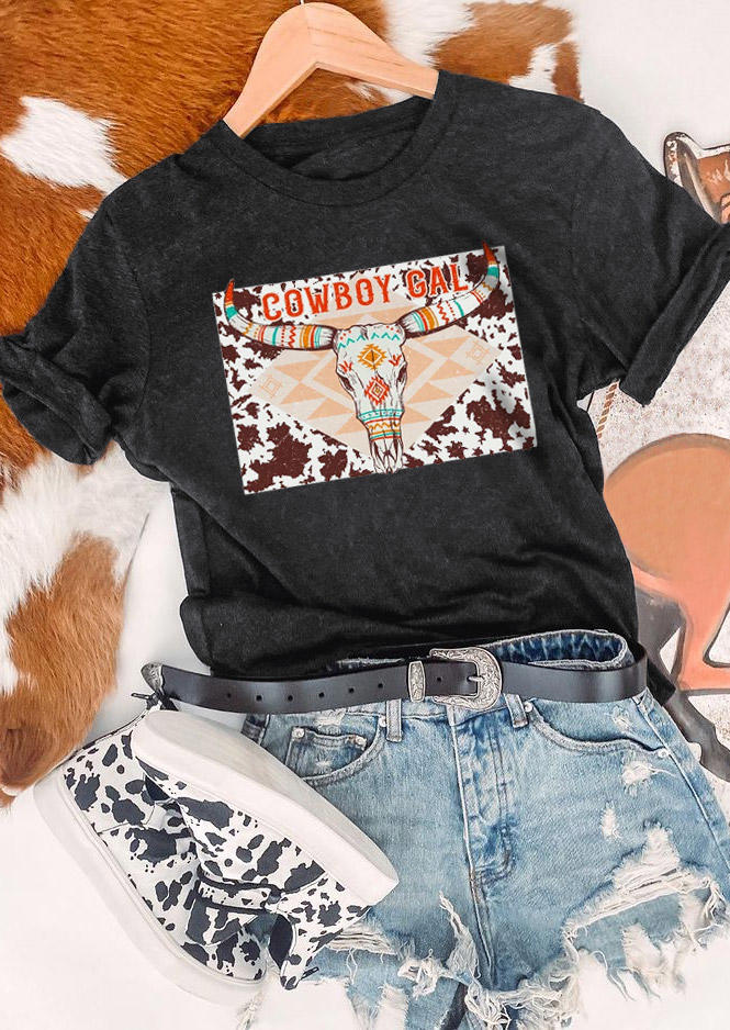 

T-shirts Tees Cowboy Gal Steer Skull Cow T-Shirt Tee in Dark Grey. Size: ,M,L,XL
