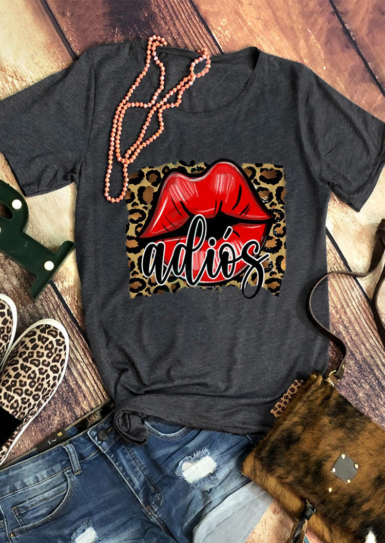 

T-shirts Tees Adios Red Lips Leopard T-Shirt Tee in Dark Grey. Size