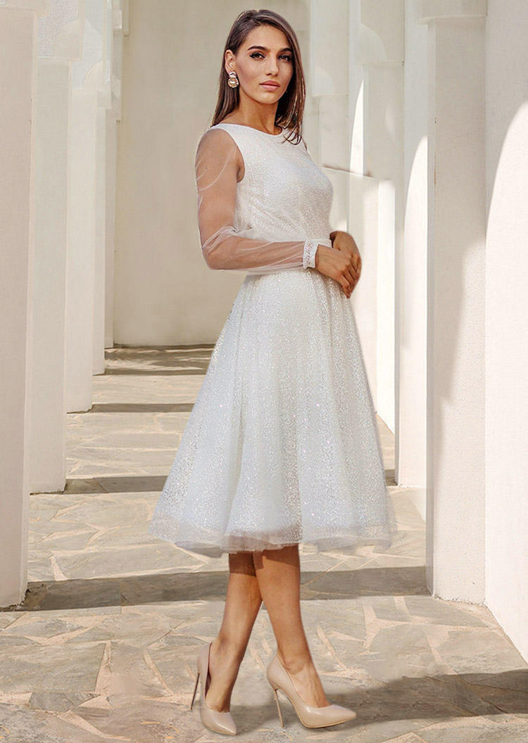 

Prom Dresses Sequined Mesh Wide Waistband Prom Dress in White. Size: S,M,L