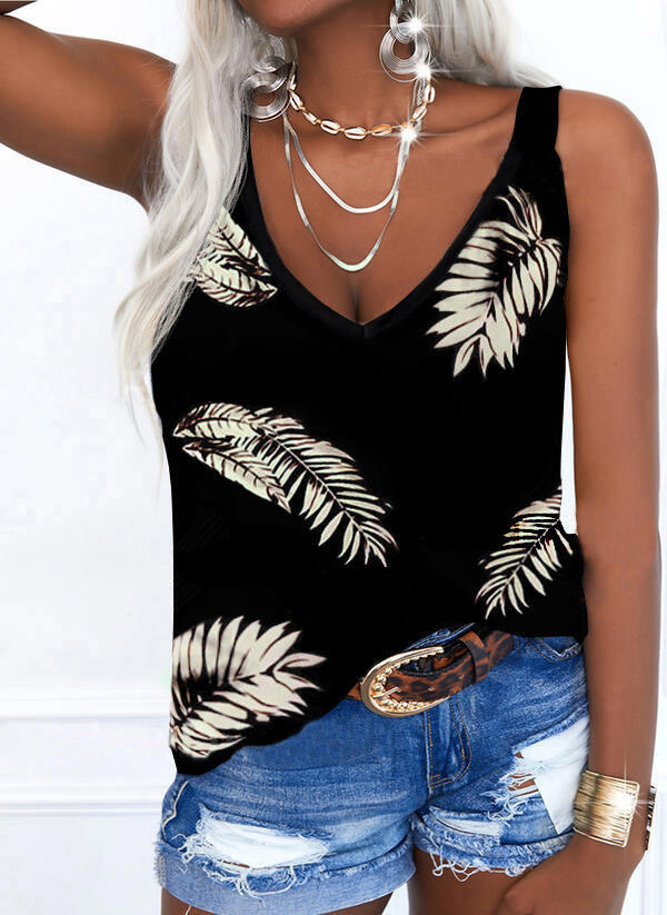 Tank Tops Palm Leaf Sleeveless Tank Top in Black. Size: S