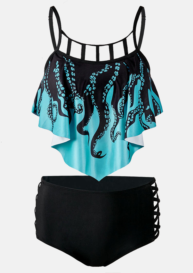 Tankinis Tentacle Hollow Out Criss-Cross Tankini Set - Cyan in Blue. Size: L,M,S,XL