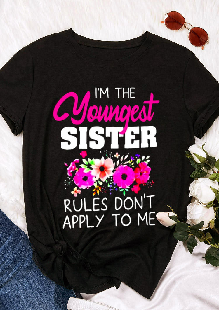 I'm The Youngest Sister Floral T-Shirt Tee - Black