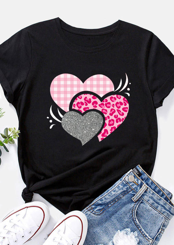 

T-shirts Tees Valentine Plaid Leopard Heart T-Shirt Tee in Black. Size: ,M,L,XL