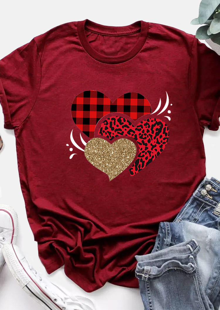 

T-shirts Tees Valentine Plaid Leopard Heart T-Shirt Tee in Burgundy. Size: ,M,L,XL