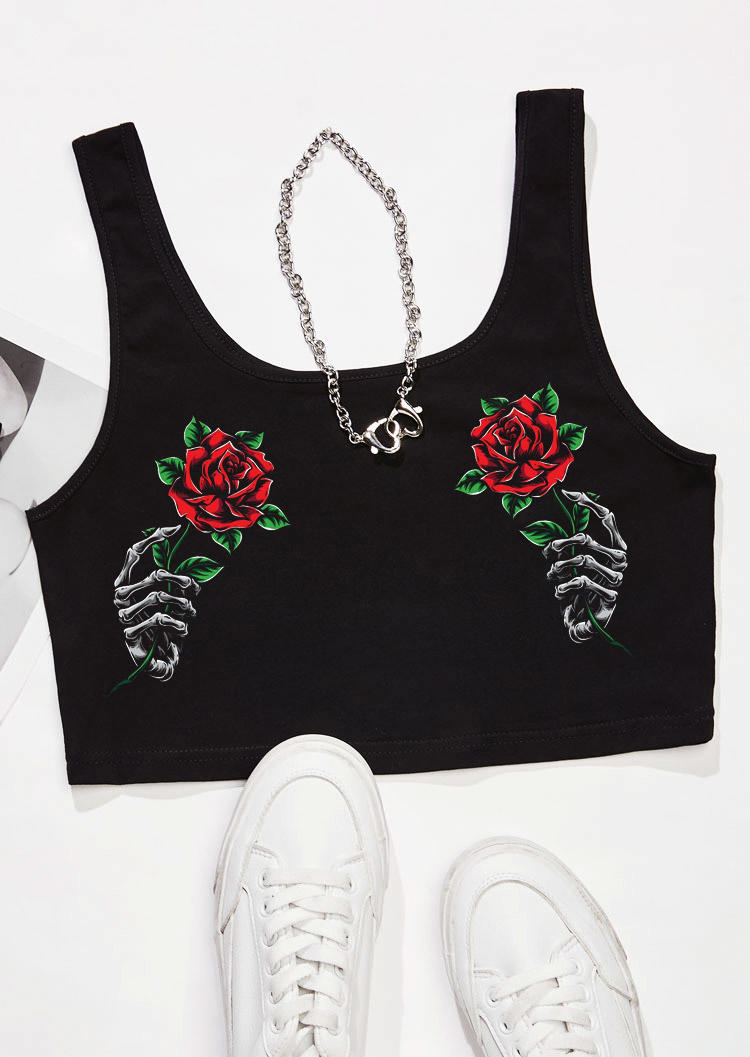 

Crop Tops Valentine Skeleton Hand Rose Crop Tank Top in Black. Size: ,M,L,XL