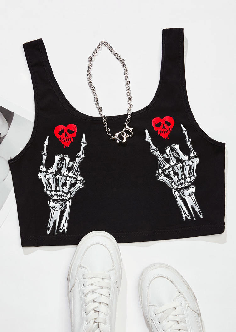 Crop Tops Valentine Skeleton Hand Heart Crop Tank Top in Black. Size: L,M,S