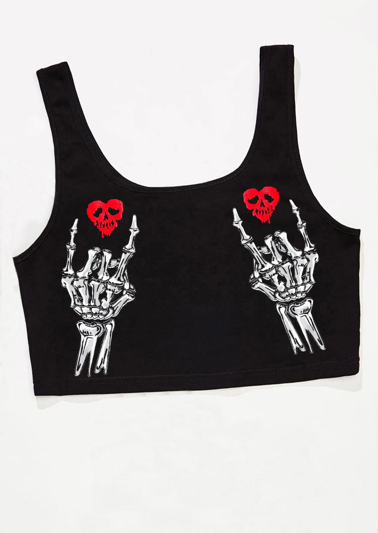 Valentine Skeleton Hand Heart Crop Tank Top - Black