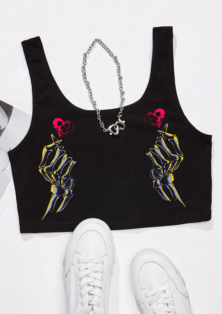 

Crop Tops Valentine Skeleton Hand Heart Crop Tank Top in Black. Size: ,M,L,XL
