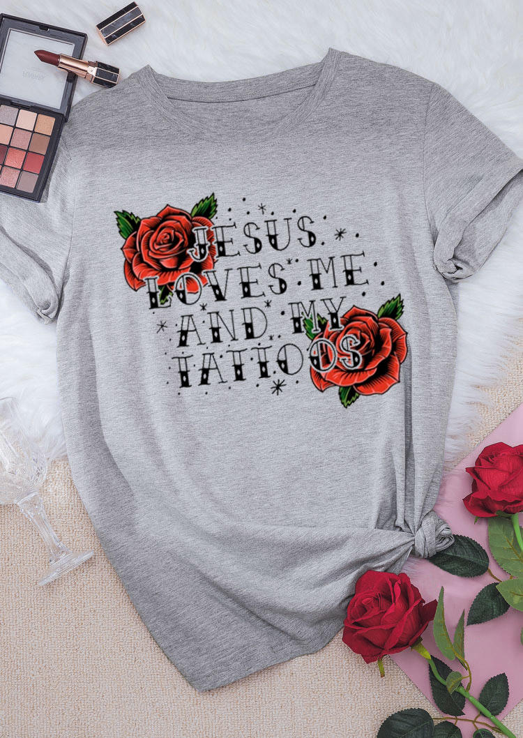 

T-shirts Tees Valentine Jesus Loves Me And My Tattoos T-Shirt Tee in Light Grey. Size: ,M,L,XL
