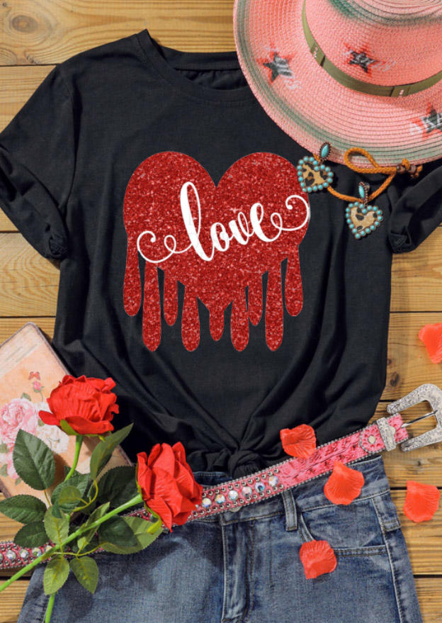 Valentine Love Heart T-Shirt Tee - Black