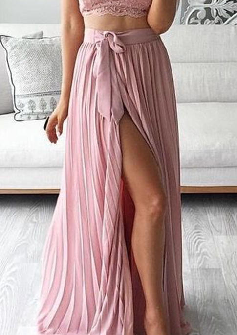 Two-piece Dresses Lace Crop Top And Slit Tie Long Skirt Outfit in Pink. Size: S,M,L,XL