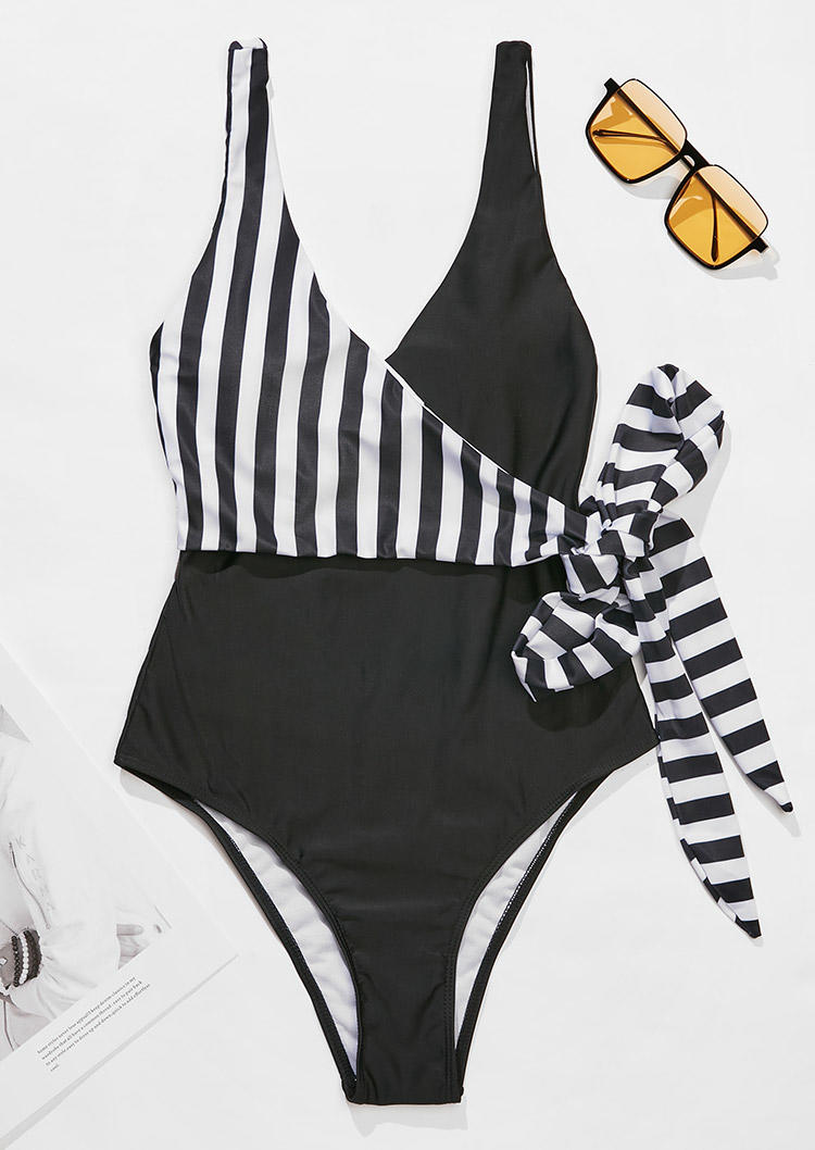 One-Pieces Swimsuit Striped Wrap Tie One-Piece Bathing Suit Swimwear in Black. Size: S,M