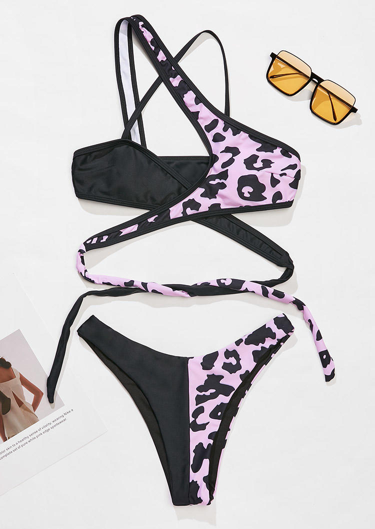 

Bikini Sets Leopard Color Block Tie Bikini Set in Black. Size