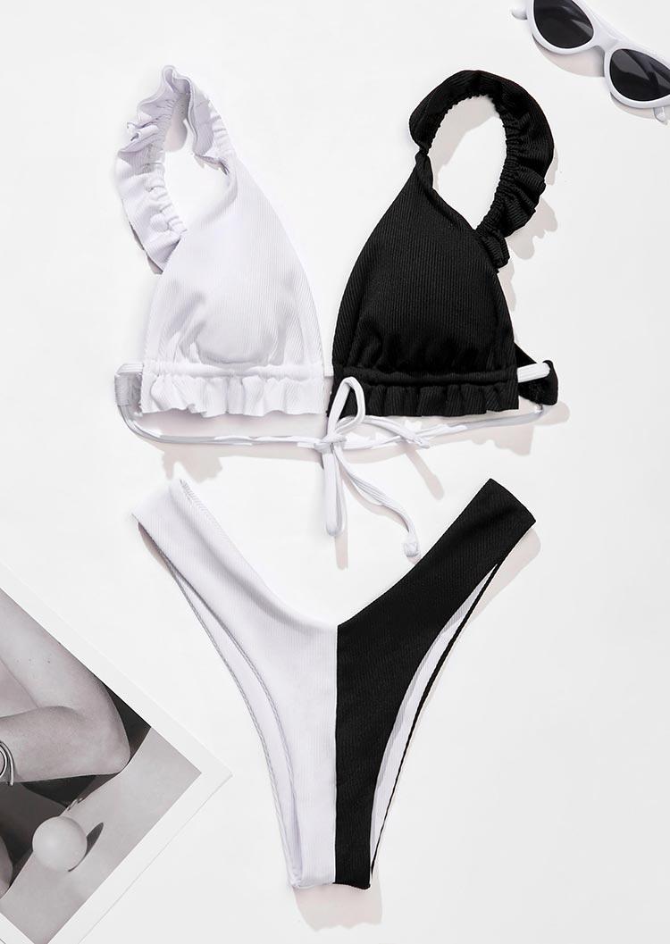 Bikini Sets Color Block Ruffled Tie Bikini Set in White. Size: S,M