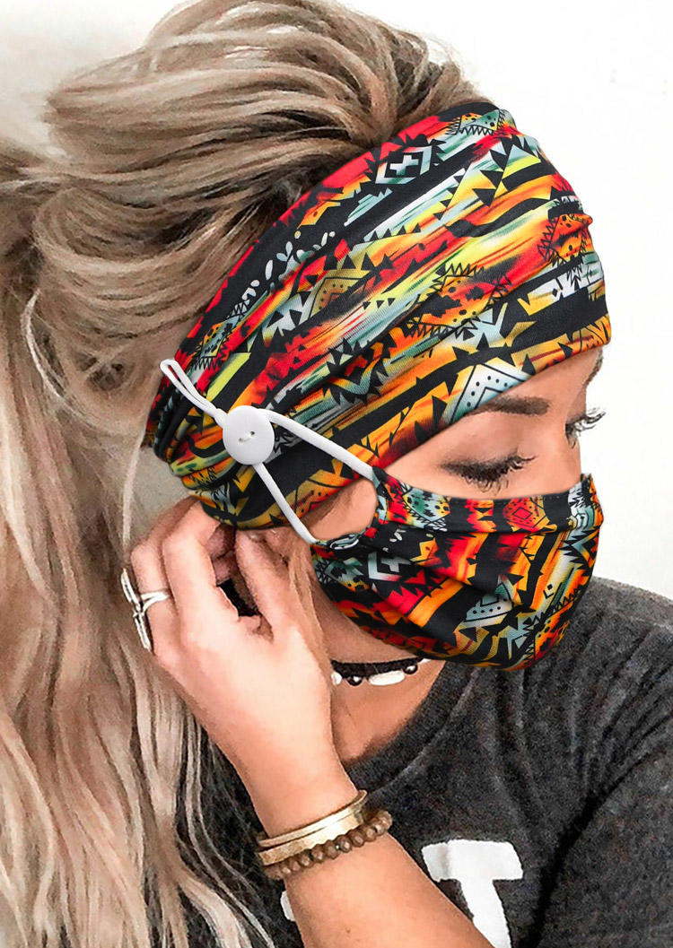 

Aztec Geometric Wide Headband And Mask Set in Multicolor. Size